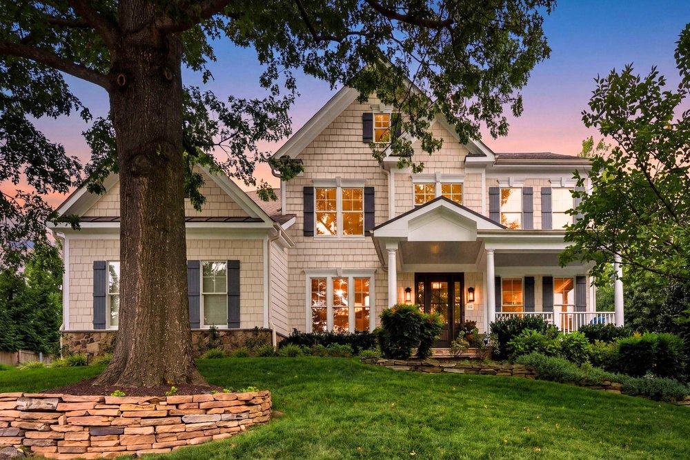 Front porch and curb appeal at twilight